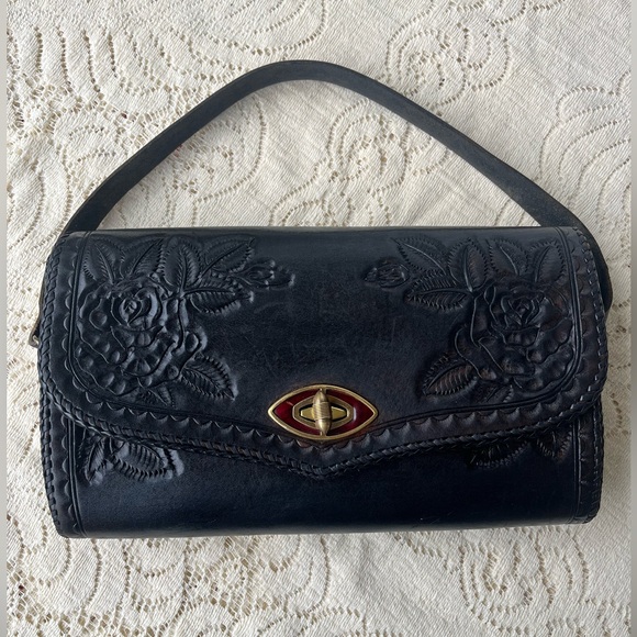 Vintage Black Leather Hand-tooled Purse Detachable Leather Handle and ChainStrap - Picture 3 of 12